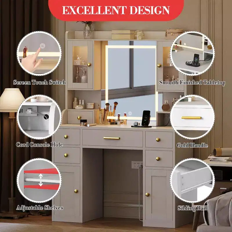 Coiffeuse avec miroir LED et lumières, table de maquillage avec 2 armoires RVB, prises et 6 tiroirs pour chambre et salon, blanc