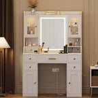 Coiffeuse avec miroir LED et lumières, table de maquillage avec 2 armoires RVB, prises et 6 tiroirs pour chambre et salon, blanc