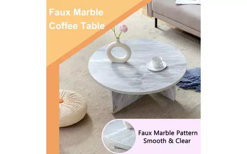 Table Basse Ronde Moderne, Plateau en Faux Marbre au Design Nordique Minimaliste, Polyvalente pour Salon, Bureau ou Chambre - Blanc