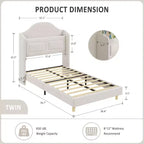 Cadre de lit double pour enfants avec revêtement en velours, tête de lit à oreilles, lumières LED et bibliothèque de rangement, lit double style princesse, aucun sommier tapissier requis