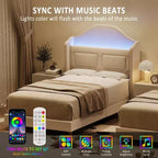 Cadre de lit double pour enfants avec revêtement en velours, tête de lit à oreilles, lumières LED et bibliothèque de rangement, lit double style princesse, aucun sommier tapissier requis