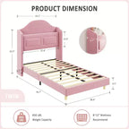 Cadre de lit double pour enfants avec revêtement en velours, tête de lit à oreilles, lumières LED et bibliothèque de rangement, lit double style princesse, aucun sommier tapissier requis