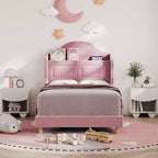 Cadre de lit double pour enfants avec revêtement en velours, tête de lit à oreilles, lumières LED et bibliothèque de rangement, lit double style princesse, aucun sommier tapissier requis
