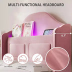 Cadre de lit double pour enfants avec revêtement en velours, tête de lit à oreilles, lumières LED et bibliothèque de rangement, lit double style princesse, aucun sommier tapissier requis