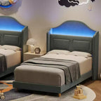 Cadre de lit double pour enfants avec revêtement en velours, tête de lit à oreilles, lumières LED et bibliothèque de rangement, lit double style princesse, aucun sommier tapissier requis