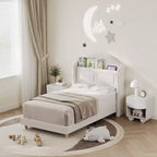 Cadre de lit double pour enfants avec revêtement en velours, tête de lit à oreilles, lumières LED et bibliothèque de rangement, lit double style princesse, aucun sommier tapissier requis