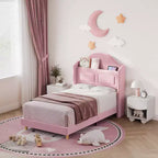 Cadre de lit double pour enfants avec revêtement en velours, tête de lit à oreilles, lumières LED et bibliothèque de rangement, lit double style princesse, aucun sommier tapissier requis