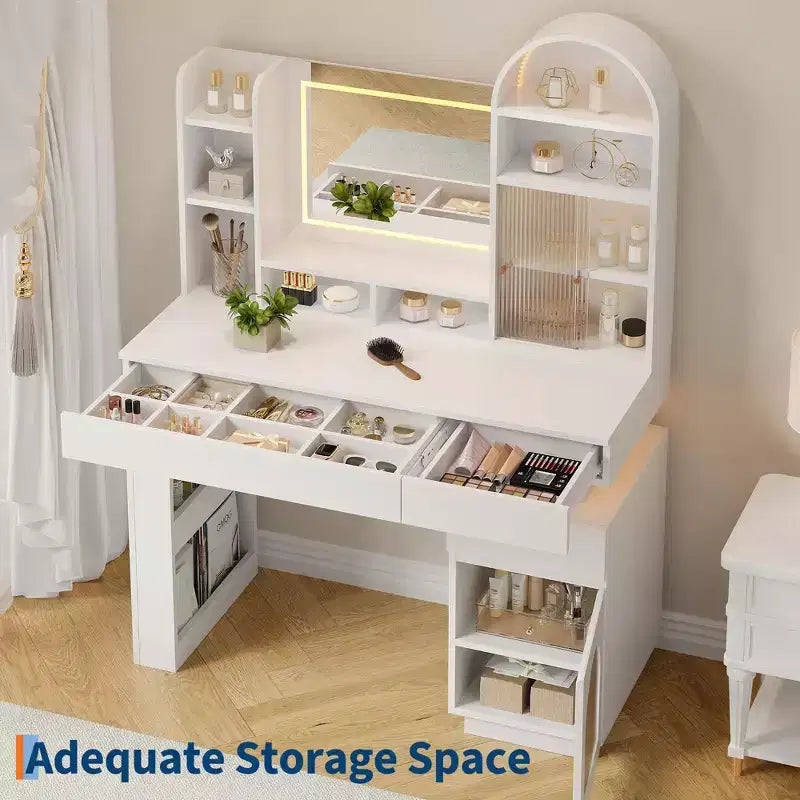 Coiffeuse en arc avec miroir, grande coiffeuse avec 3 tiroirs et 11 étagères de rangement, pour chambre, salon