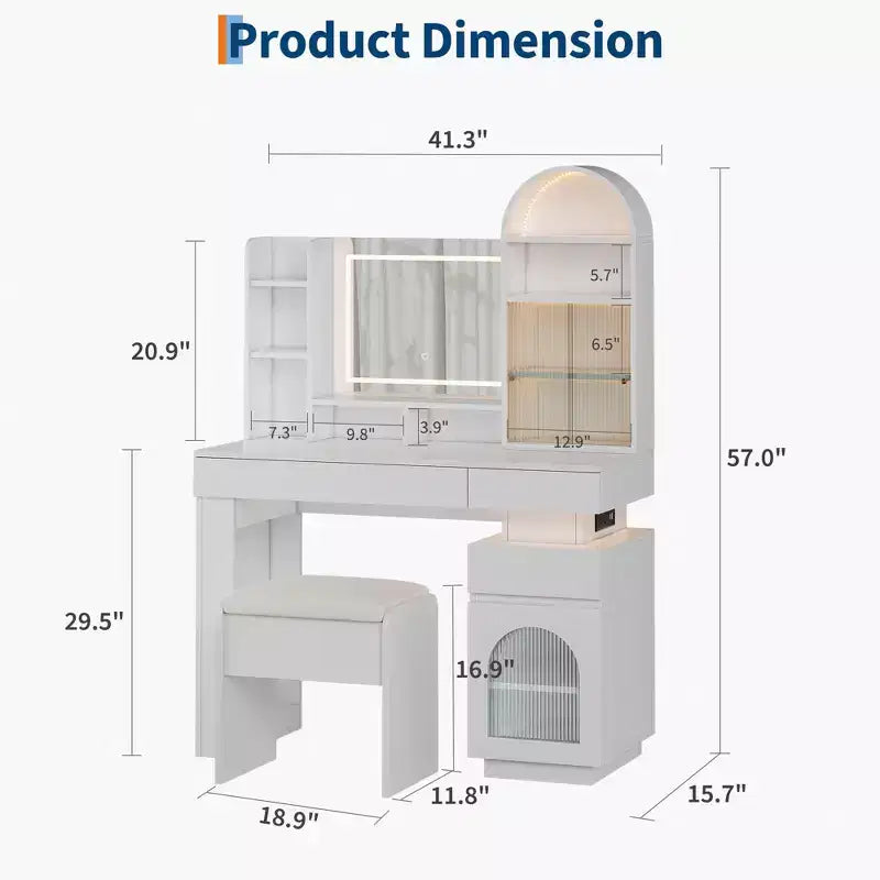 Coiffeuse en arc avec miroir, grande coiffeuse avec 3 tiroirs et 11 étagères de rangement, pour chambre, salon