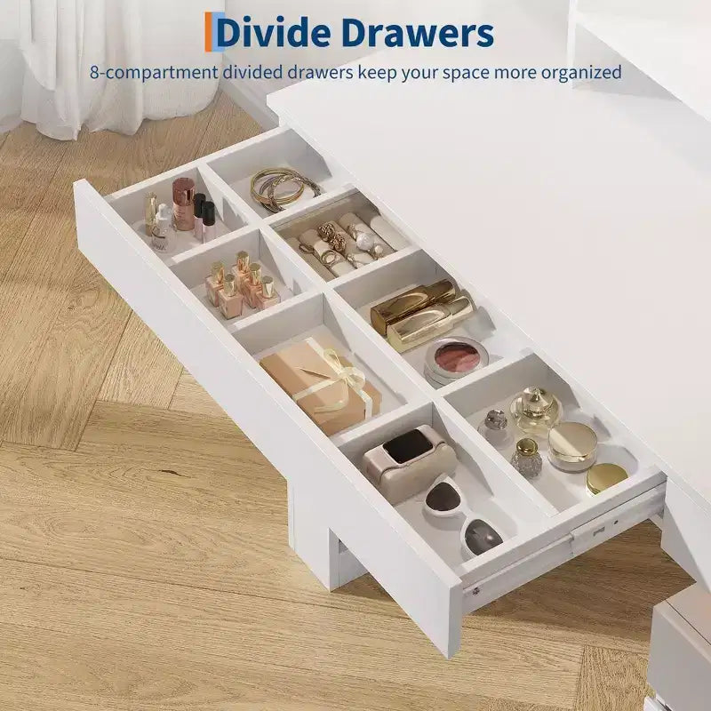 Coiffeuse en arc avec miroir, grande coiffeuse avec 3 tiroirs et 11 étagères de rangement, pour chambre, salon