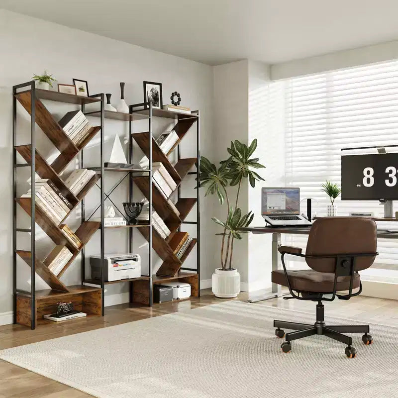 Étagère moderne triple à 6 niveaux 24 étagères ouvertes, grande bibliothèque industrielle en bois Meuble de rangement pour salon, maison, bureau