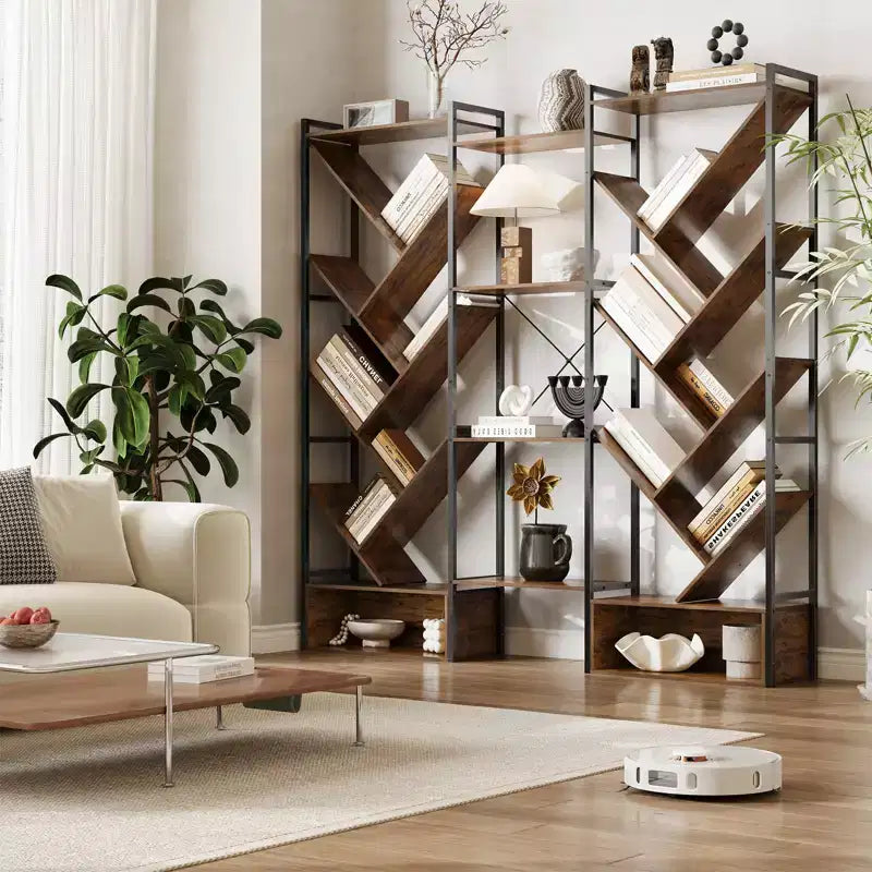 Étagère moderne triple à 6 niveaux 24 étagères ouvertes, grande bibliothèque industrielle en bois Meuble de rangement pour salon, maison, bureau
