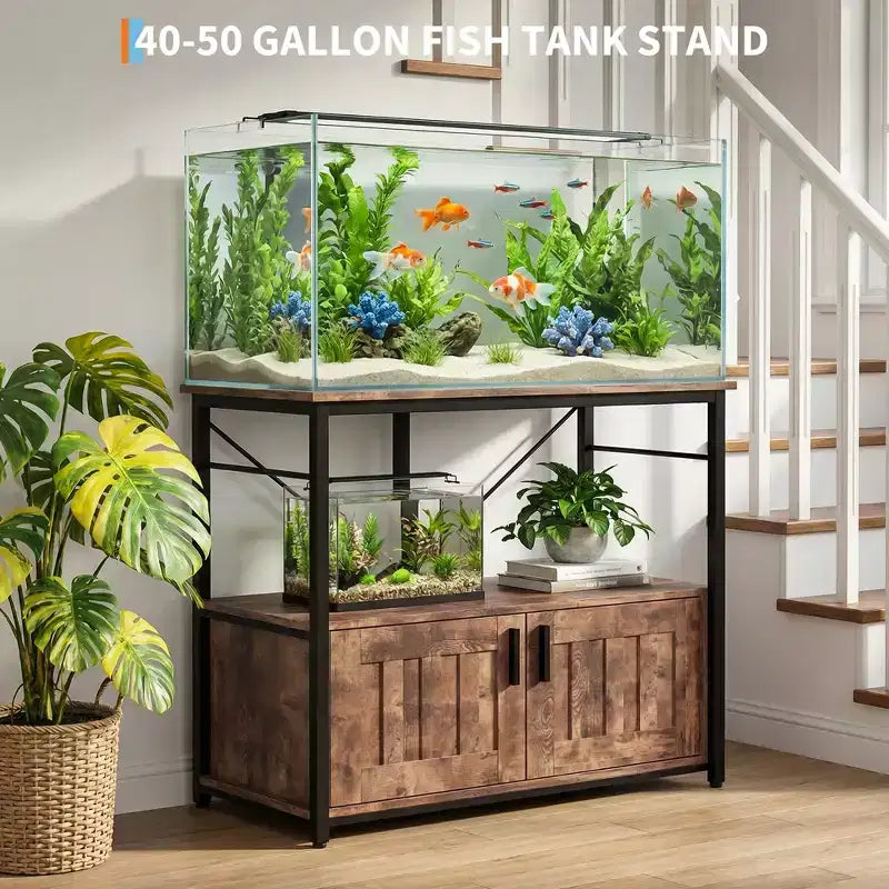 Meuble aquarium robuste pour cuves de 150-190 litres – Armoire métal et bois, supporte 300 kg, rangement pour accessoires de poisson, organisateur élégant pour la maison