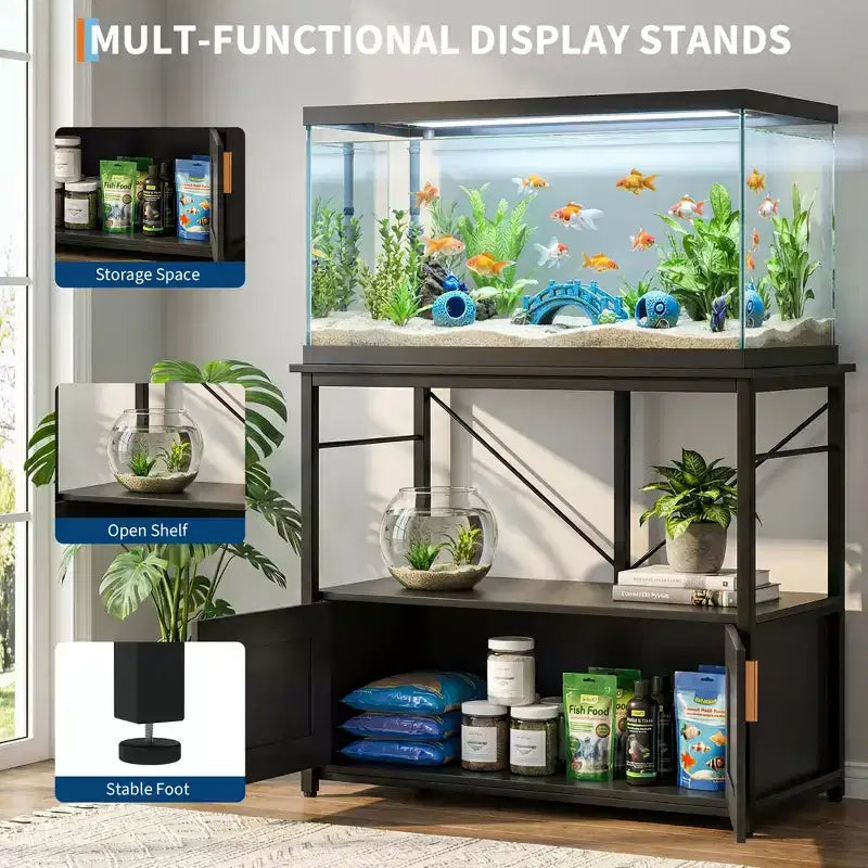 Meuble aquarium robuste pour cuves de 150-190 litres – Armoire métal et bois, supporte 300 kg, rangement pour accessoires de poisson, organisateur élégant pour la maison