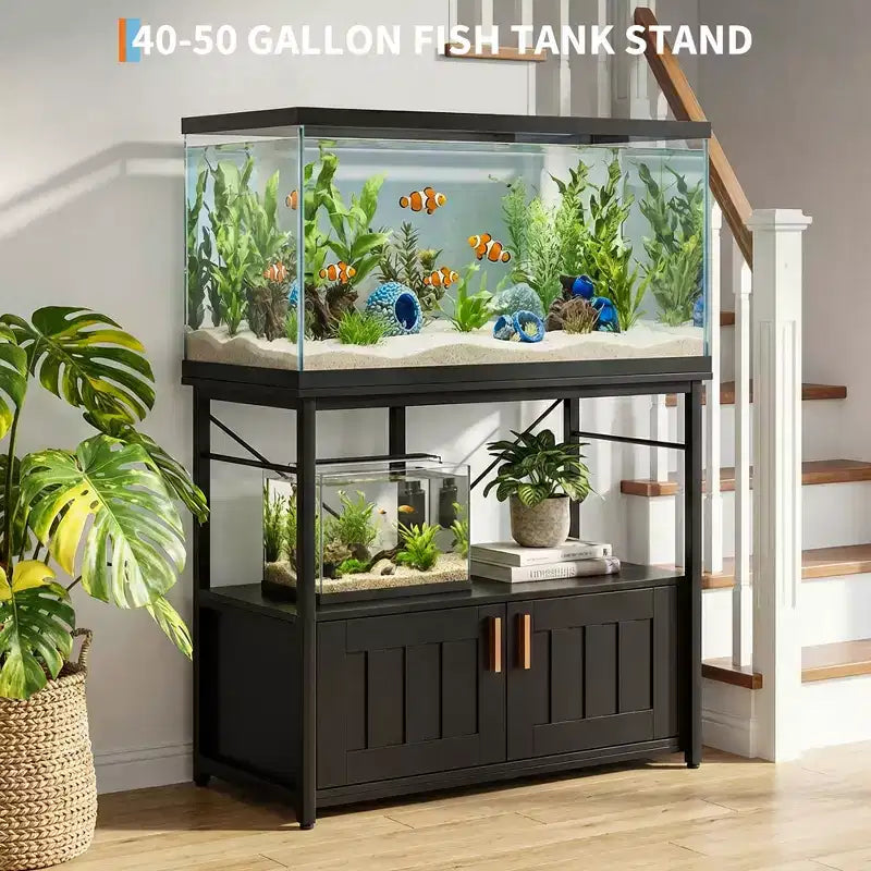Meuble aquarium robuste pour cuves de 150-190 litres – Armoire métal et bois, supporte 300 kg, rangement pour accessoires de poisson, organisateur élégant pour la maison