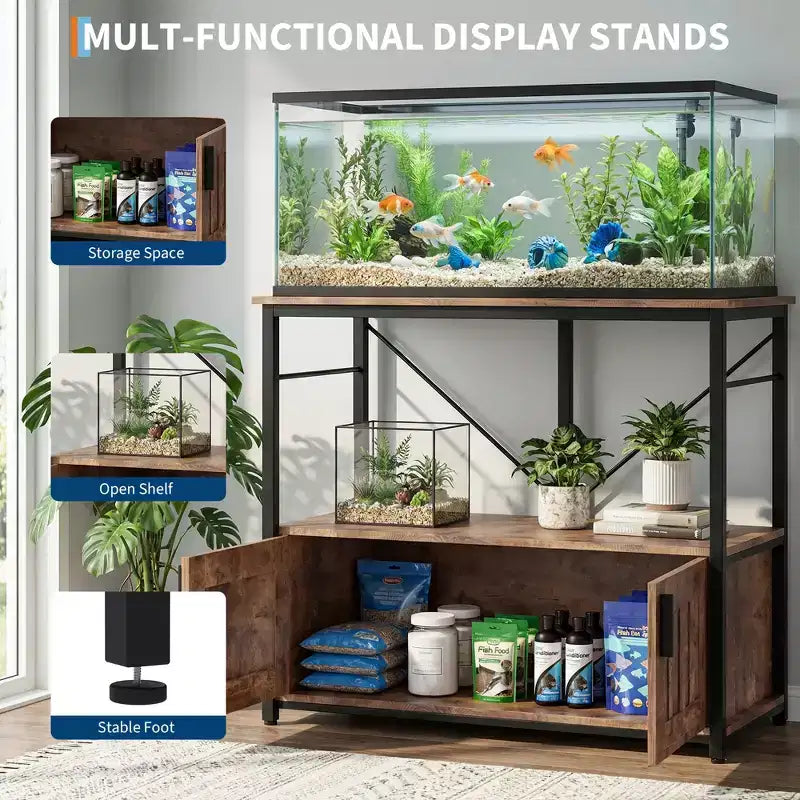 Meuble aquarium robuste pour cuves de 150-190 litres – Armoire métal et bois, supporte 300 kg, rangement pour accessoires de poisson, organisateur élégant pour la maison