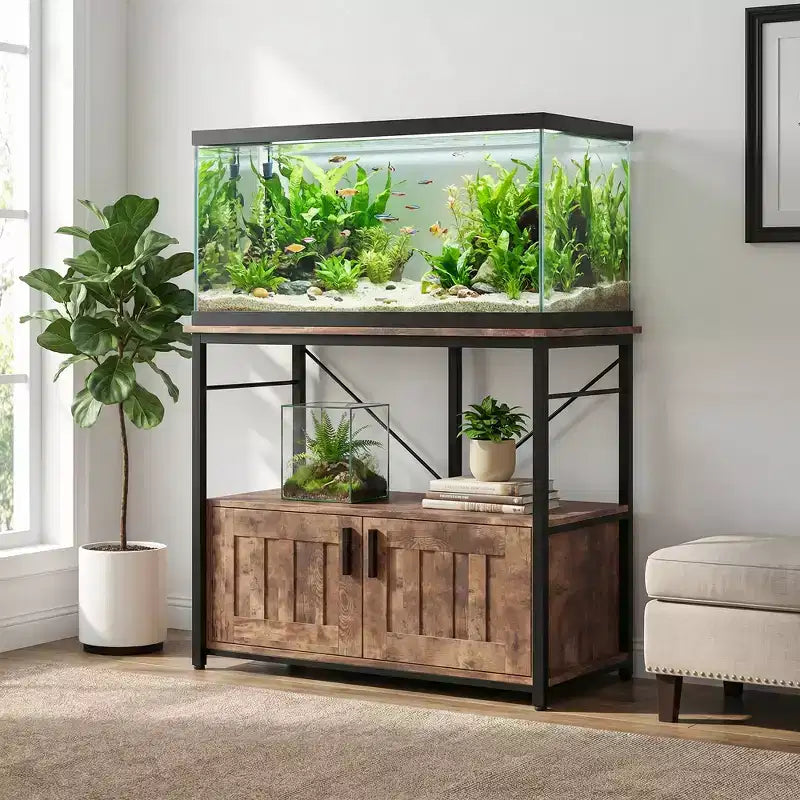 Meuble aquarium robuste pour cuves de 150-190 litres – Armoire métal et bois, supporte 300 kg, rangement pour accessoires de poisson, organisateur élégant pour la maison