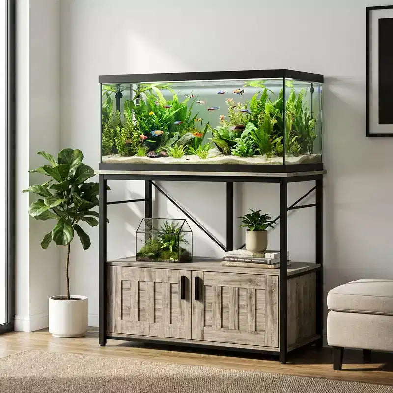 Meuble aquarium robuste pour cuves de 150-190 litres – Armoire métal et bois, supporte 300 kg, rangement pour accessoires de poisson, organisateur élégant pour la maison