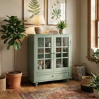 Meuble Buffet Minimaliste FurnitureR avec Portes en Verre et Tiroir, Armoire de Rangement de Style Ferme pour Salle à Manger, Cuisine, Salon, Couloir et Entrée