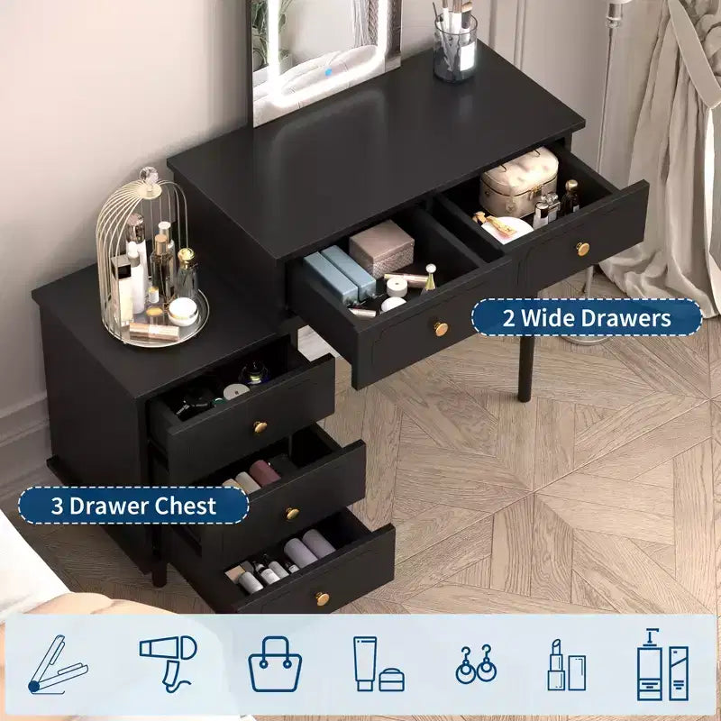 Coiffeuse de Maquillage avec Lumières et Miroir, Table de Maquillage Moderne avec 2 Tiroirs et Armoire à 3 Tiroirs