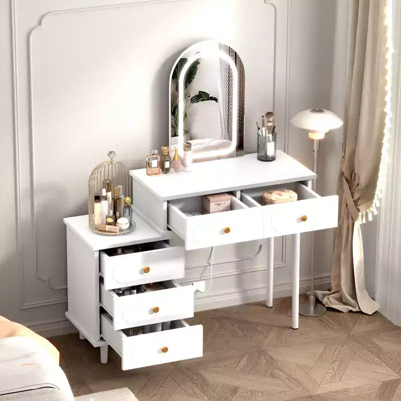 Makeup Vanity Desk with Lights and Mirror, Modern Dressing Table with 2 Drawers & 3-Drawer Cabinet