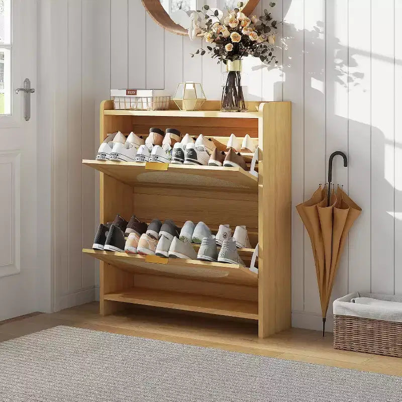 Meuble à chaussures 2 tiroirs basculants - Organiseur étroit autoportant avec portes en rotin pour entrée/couloir, naturel (1 pièce)