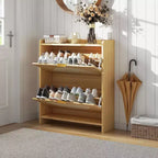 Meuble à chaussures 2 tiroirs basculants - Organiseur étroit autoportant avec portes en rotin pour entrée/couloir, naturel (1 pièce)