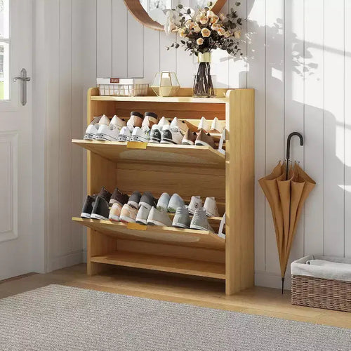 Meuble à chaussures 2 tiroirs basculants - Organiseur étroit autoportant avec portes en rotin pour entrée/couloir, naturel (1 pièce)