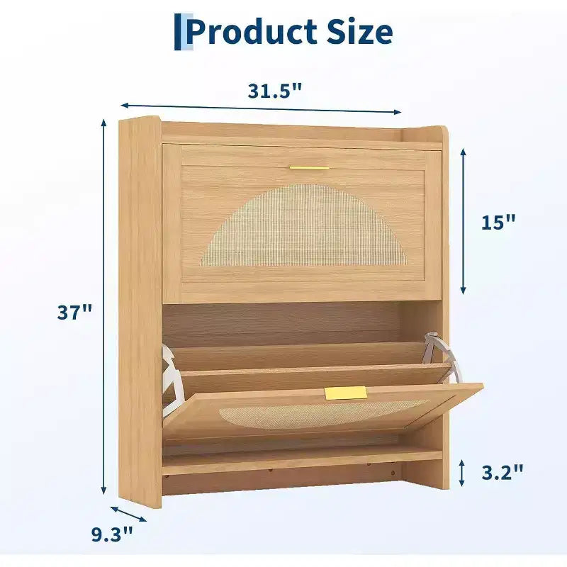 Meuble à chaussures 2 tiroirs basculants - Organiseur étroit autoportant avec portes en rotin pour entrée/couloir, naturel (1 pièce)