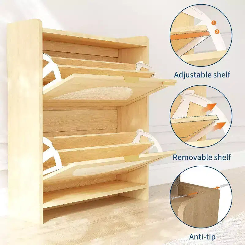 Meuble à chaussures 2 tiroirs basculants - Organiseur étroit autoportant avec portes en rotin pour entrée/couloir, naturel (1 pièce)