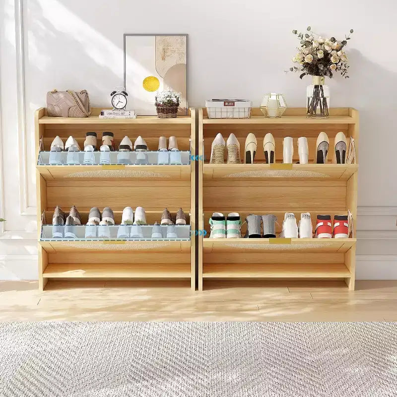Meuble à chaussures 2 tiroirs basculants - Organiseur étroit autoportant avec portes en rotin pour entrée/couloir, naturel (1 pièce)