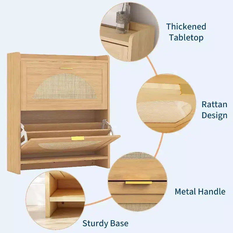 Meuble à chaussures 2 tiroirs basculants - Organiseur étroit autoportant avec portes en rotin pour entrée/couloir, naturel (1 pièce)