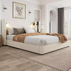 Cadre de lit moderne en bois et lin Christopher Knight Home Kanya avec tête de lit haute à oreilles, lampe et port USB