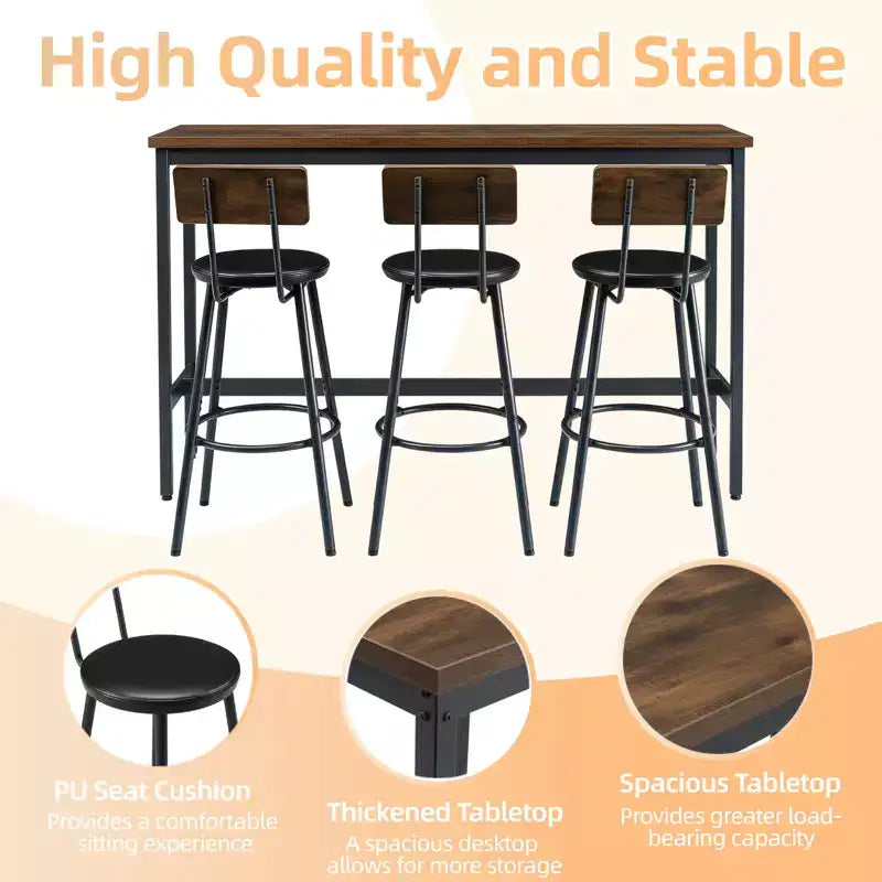 Ensemble de bar 4 pièces Ashford GDFStudio en similicuir et métal, style industriel