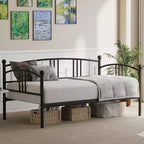 Lit de repos avec lit gigogne, Lit de repos robuste en métal avec support à lattes en acier, Lit gigogne double avec tête de lit arquée, Canapé-lit pour salon, chambre à coucher