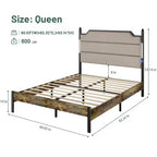 Lit plateforme Queen/King Size avec tête de lit capitonnée, cadre de lit plateforme en bois avec station de charge et lumières LED, brun industriel