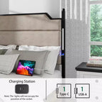 Lit plateforme Queen/King Size avec tête de lit capitonnée, cadre de lit plateforme en bois avec station de charge et lumières LED, brun industriel