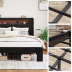 Lit plateforme double/grand lit/très grand lit avec tête de lit de rangement à LED, cadre de lit plateforme en bois avec 2 ports USB, grand espace de rangement sous le lit