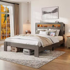 Lit plateforme double/grand lit/très grand lit avec tête de lit de rangement à LED, cadre de lit plateforme en bois avec 2 ports USB, grand espace de rangement sous le lit