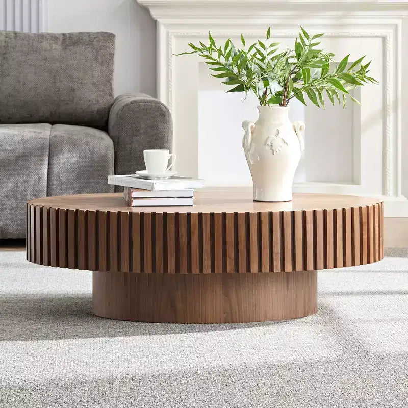 JVNOXK Modern Handcraft Drum Coffee Table Length 43.7 inch Ellipse Coffee Table for Living Room,Oval Small Coffee Table with Sturdy Pedestal,Walnut