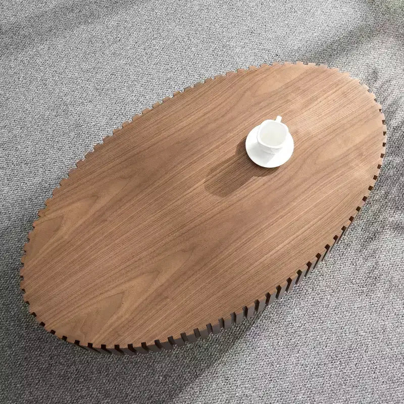 JVNOXK Table basse tambour artisanale moderne, longueur 111 cm, table basse elliptique pour salon, petite table basse ovale avec piédestal robuste, noyer