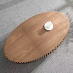 JVNOXK Table basse tambour artisanale moderne, longueur 111 cm, table basse elliptique pour salon, petite table basse ovale avec piédestal robuste, noyer