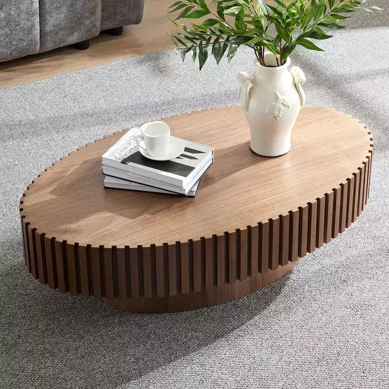 JVNOXK Table basse tambour artisanale moderne, longueur 111 cm, table basse elliptique pour salon, petite table basse ovale avec piédestal robuste, noyer