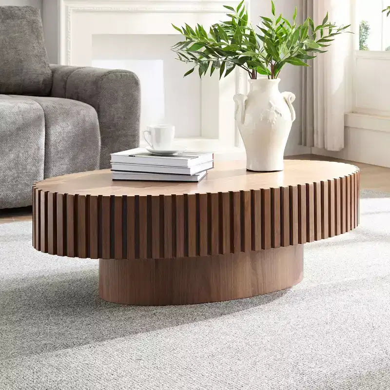 JVNOXK Table basse tambour artisanale moderne, longueur 111 cm, table basse elliptique pour salon, petite table basse ovale avec piédestal robuste, noyer