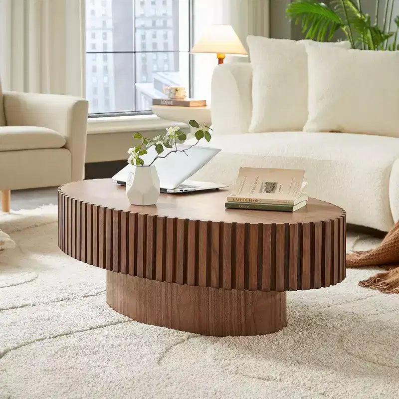 JVNOXK Table basse tambour artisanale moderne, longueur 111 cm, table basse elliptique pour salon, petite table basse ovale avec piédestal robuste, noyer