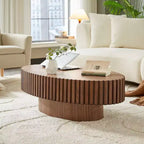 JVNOXK Table basse tambour artisanale moderne, longueur 111 cm, table basse elliptique pour salon, petite table basse ovale avec piédestal robuste, noyer
