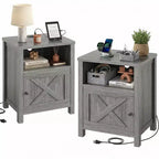 2 PCS Nightstand with Charging Station, Farmhouse Bedside Table with Open Shelf, Enclosed Cabinet, USB Port and AC Outlet, Bedside table with storage