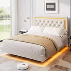 Lit King Size flottant avec lumières LED. Lit plateforme rembourré avec tête de lit capitonnée. Lattes en bois. Sommier tapissier non requis. Sans bruit.
