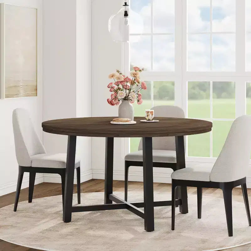 Table à manger ronde industrielle de 47 pouces pour 4-6 personnes, table de cuisine peu encombrante en bois avec cadre en métal, table à manger moderne rustique, sans chaises