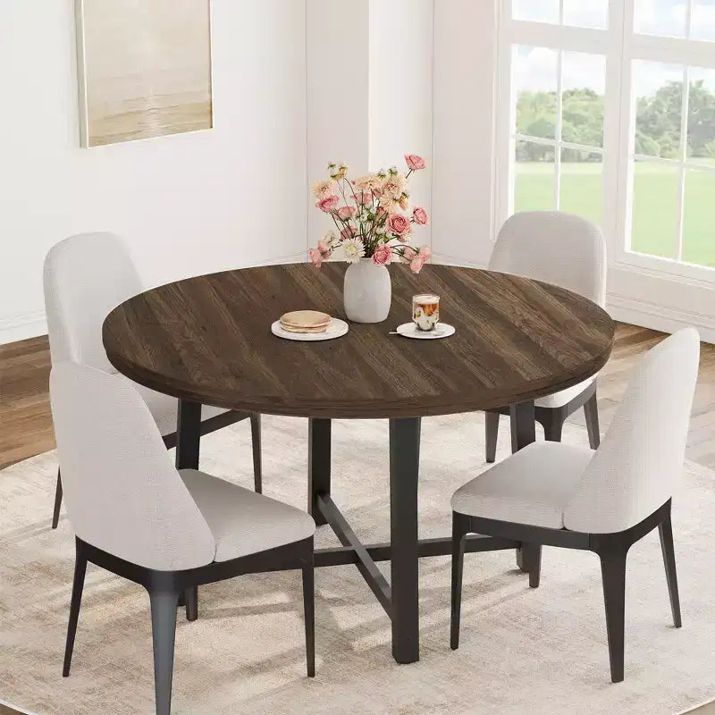 Table à manger ronde industrielle de 47 pouces pour 4-6 personnes, table de cuisine peu encombrante en bois avec cadre en métal, table à manger moderne rustique, sans chaises